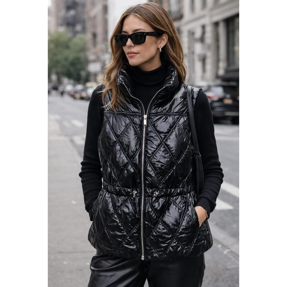 Michael Michael Kors Black Quilted Puffer Vest Glossy Women's Size L NWT